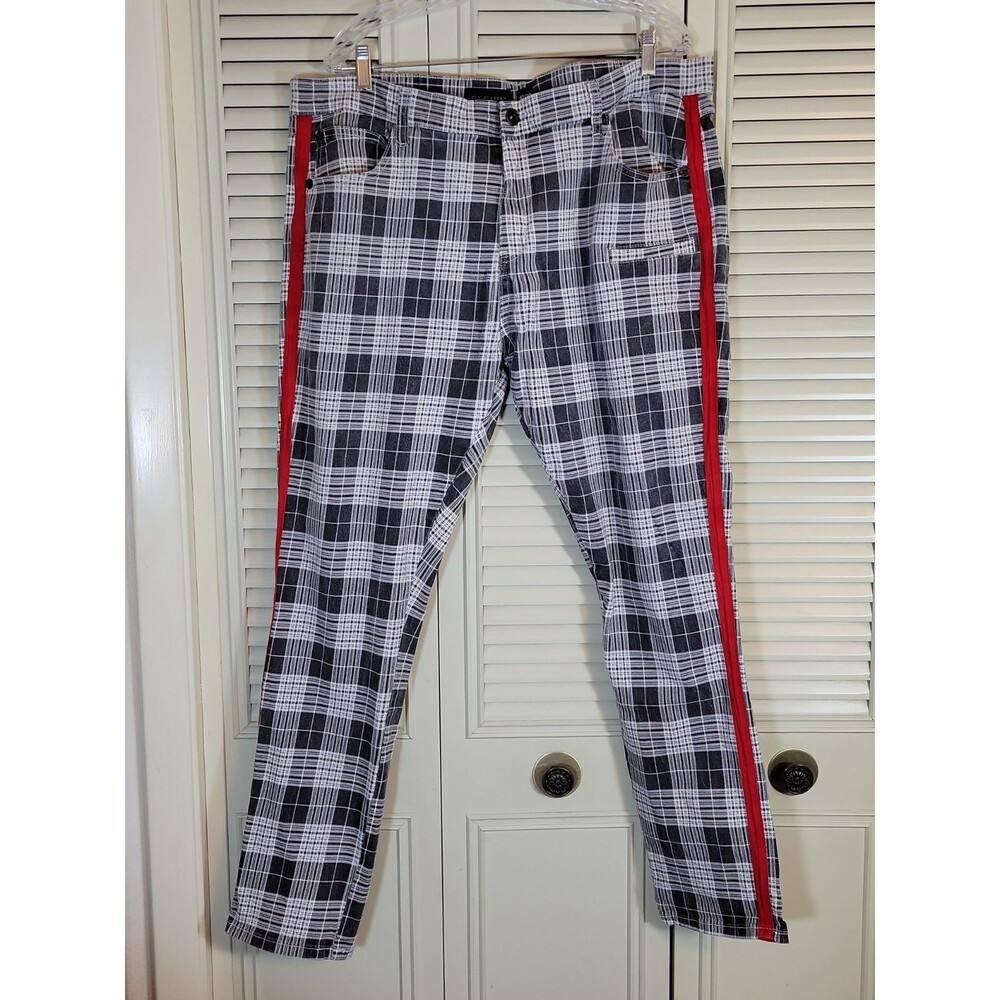 Decibel Men's Bold Black White Plaid Red Stripe Leg Stretch Pant 42/32 Blokecore